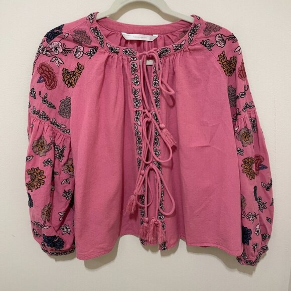 Zara Embroidered Tie-front Top, Size Small - Picture 1 of 16